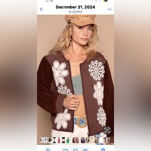 Pol Brown Quilted Jacket with White Floral Accents